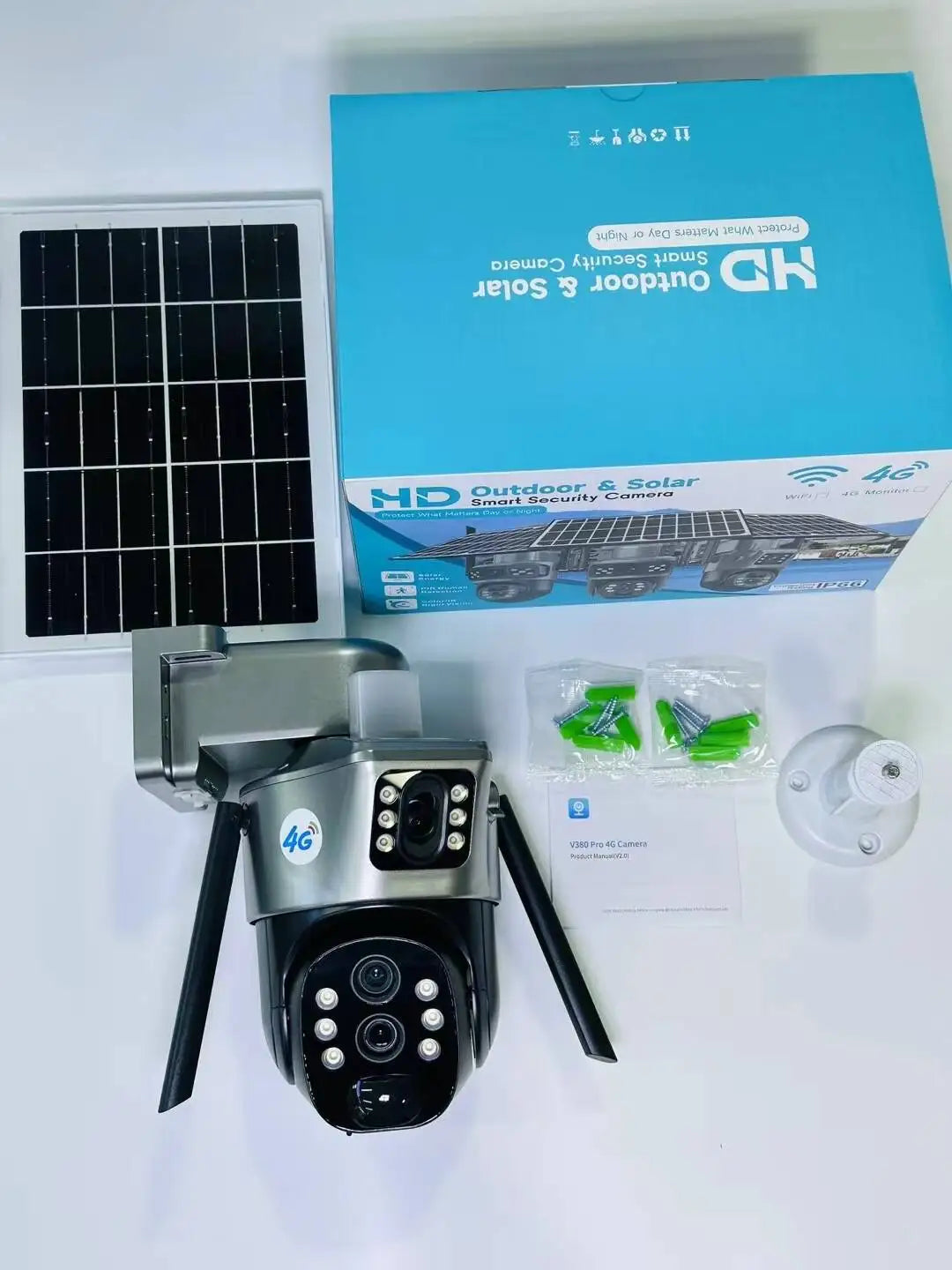 Wireless outdoor solar security camera, 1080P HD night vision 3 lens dual picture, IP65 waterproof, wireless monitor