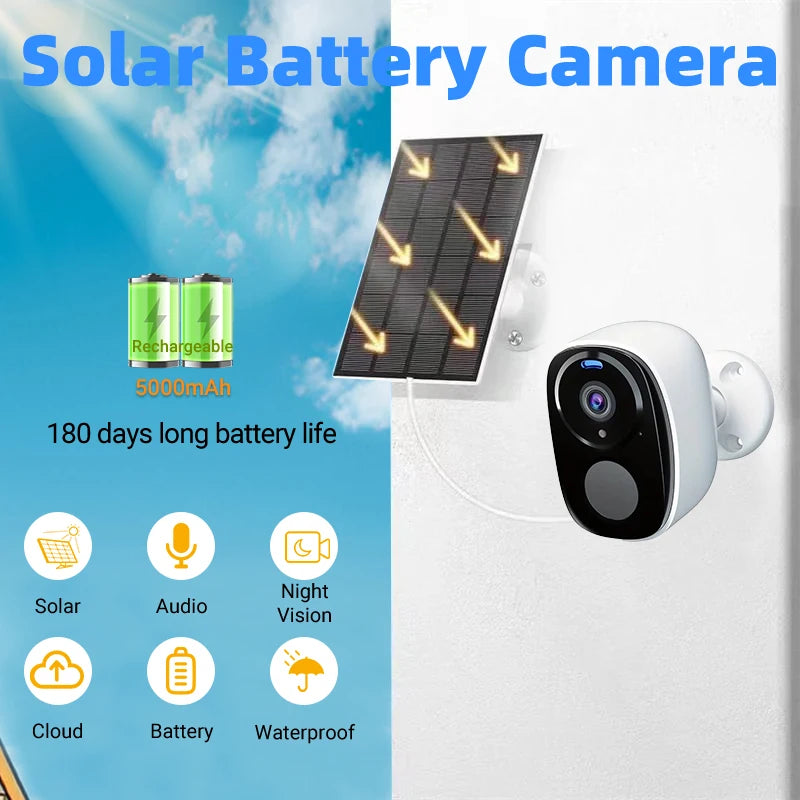 2K 5MP Solar Security Camera Wireless Outdoor Color Night Vision Battery Powered Support 5G WiFi, PIR, Waterproof, Two-Way Alexa