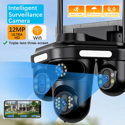 Intelligent Surveillance Camera Auto Tracking Three Screen Three Lens 12MP HD WIFI IP Camera IP66 Waterproof CCTV Security Cam