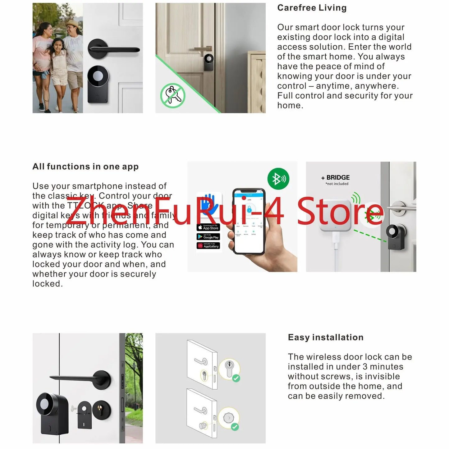 Smart Door Lock with Tuya App Aluminum Bluetooth Smartlock for Glass Aluminum and Wood Door Smartphone Compatible