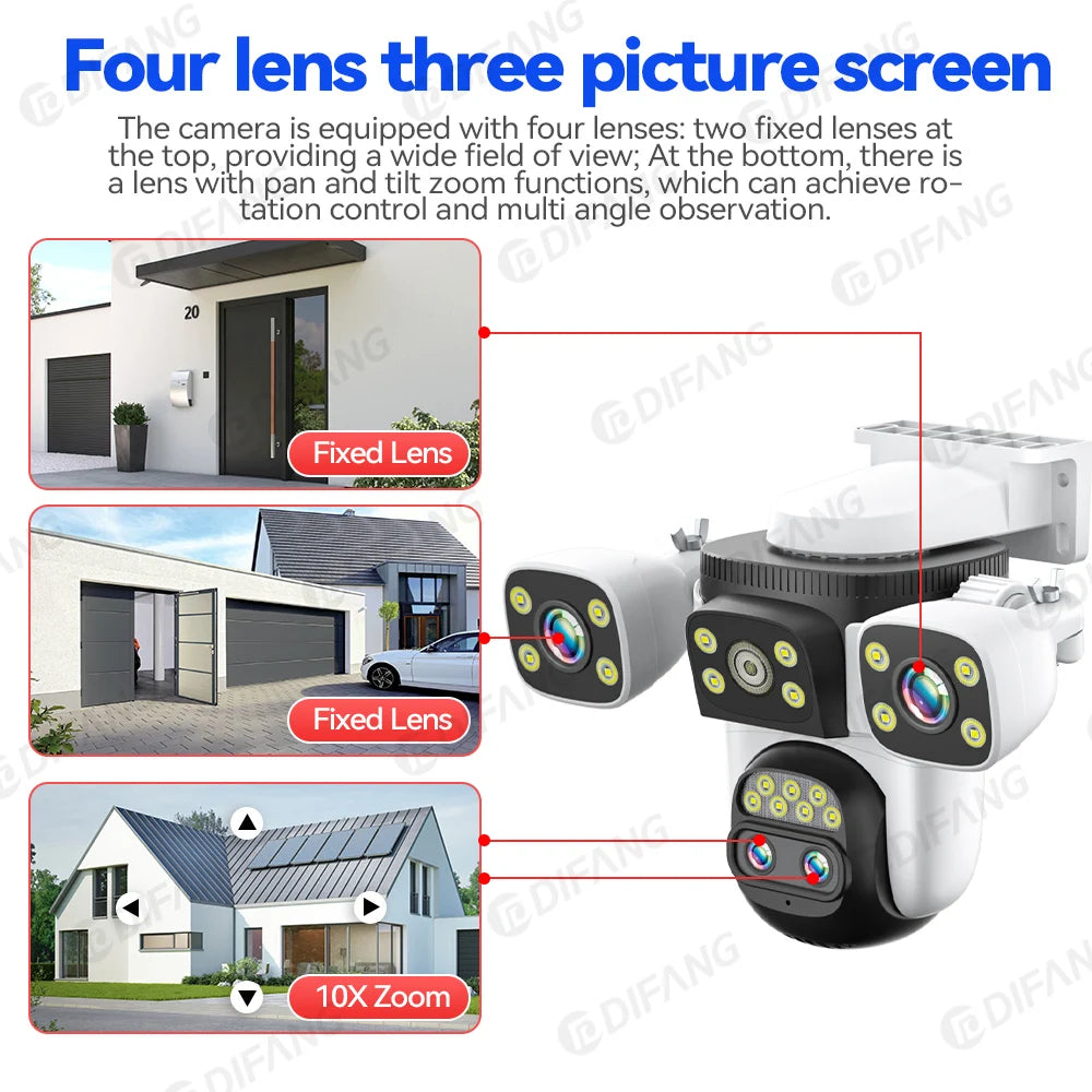 10K 20MP Three Screen Home Security WiFi Cam 360° PTZ 10X Zoom CCTV Wireless Surveillance IP Cam Security Protection Video Cam