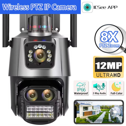6K 12MP WiFi Security Camera ICSee Smart Three Lens 8X Zoom Video Surveillance IP Camera CCTV Auto Tracking 360 Wireless Outdoor