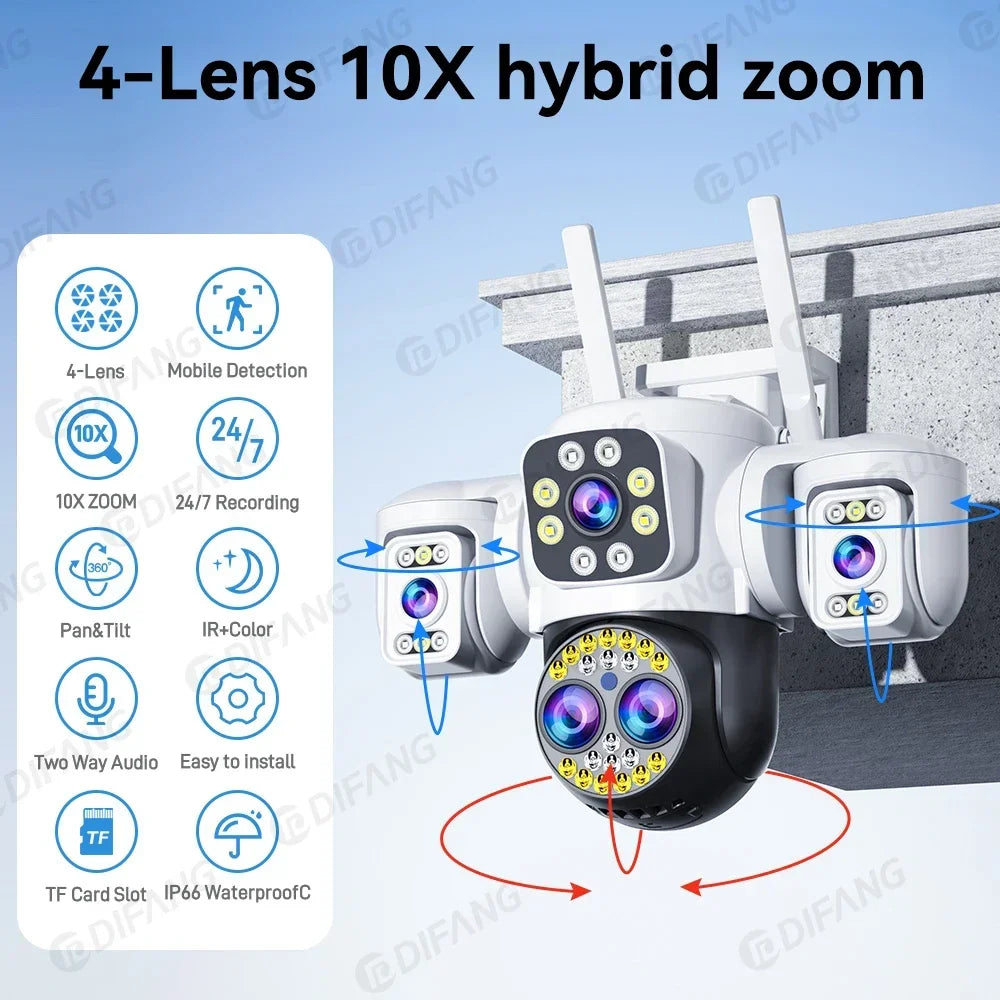 Security Protection 8K WiFi Camera Outdoor Four Lens Triple Screen 10X Zoom 360° CCTV Surveillance Ai Yoosee 16MP Security Cam