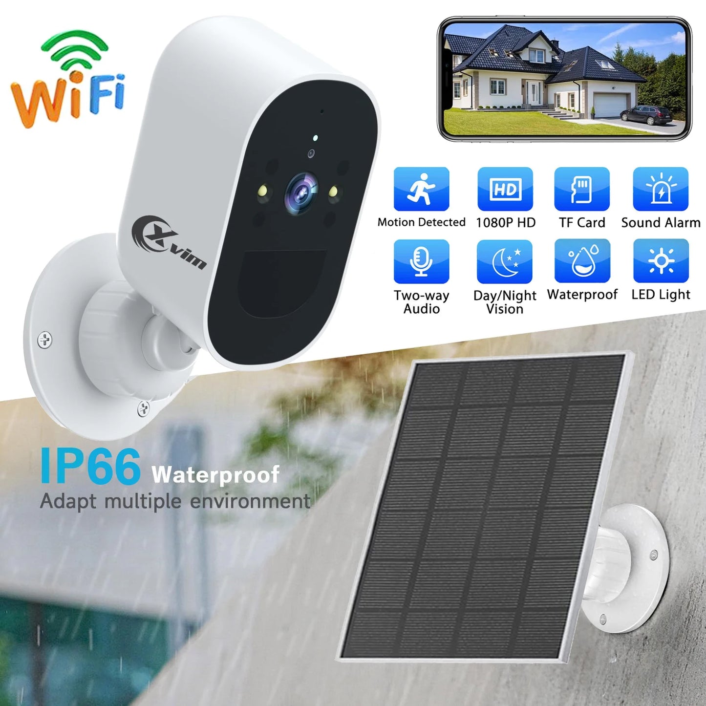 Solar Security Cameras Wireless, 1080P Battery Powered WiFi Security Camera with Spotlight Siren & Solar Panel, 2-Way Audio
