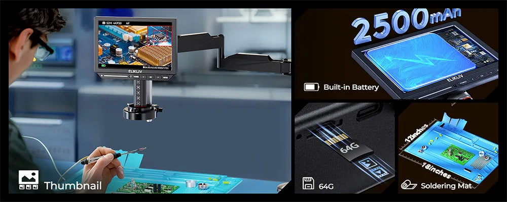 Elikliv EM4K-AF Flex 10.1'' Autofocus Digital Microscope 4K Soldering Microscopio for Electronics 2000X HDMI Microscope with Arm