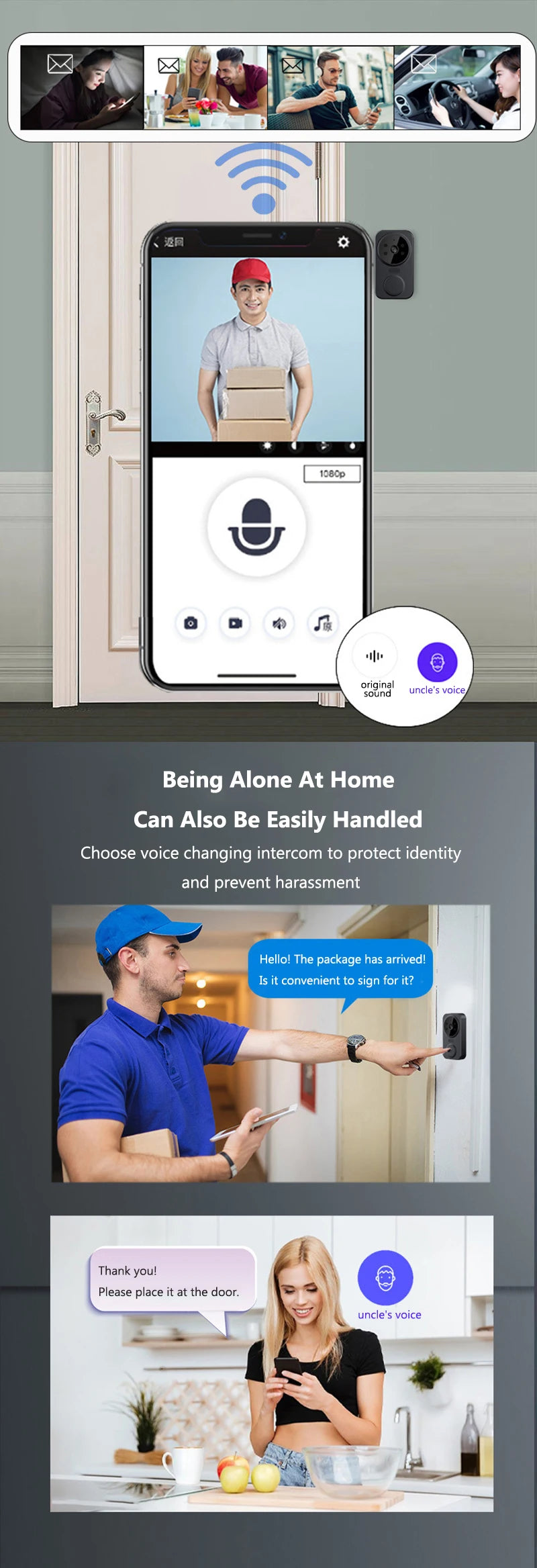 WiFi Video Doorbell Smart Home Door Bell Night Vision Wireless Visual Intercom Doorbell Two-Way Audio Visual Doorbell Monitoring