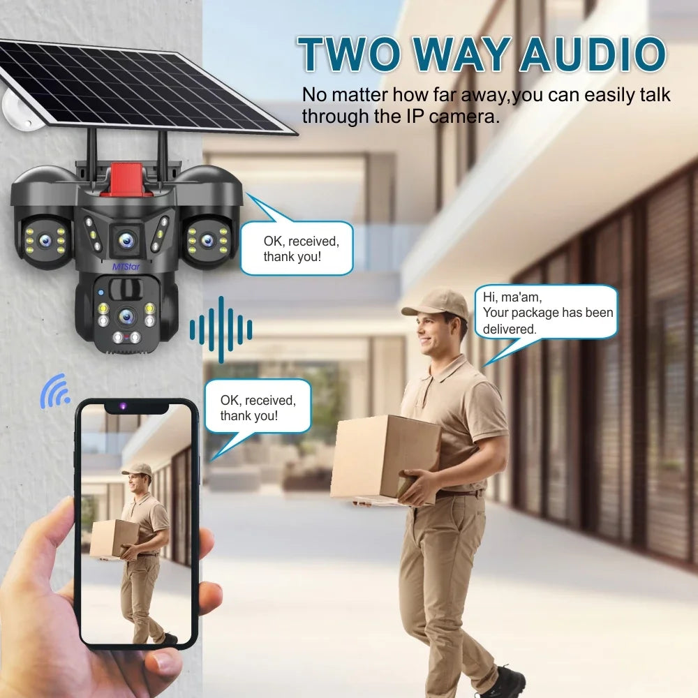 15MP 4K Solar Wifi Security Camera 3 Lens 3 Screens PTZ 10X Zoom Outdoor Wireless Secure 360 Auto Tracking Smart Home CCTV Cam