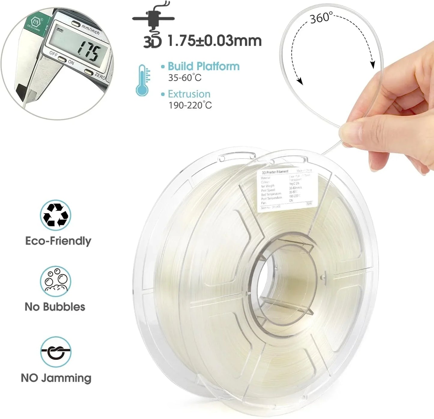 Clear PETG 3D Printer Filament 1.75mm Fast Print Speed High Accuracy ±0.02mm 1kg Transparent Direct Drive Compatible