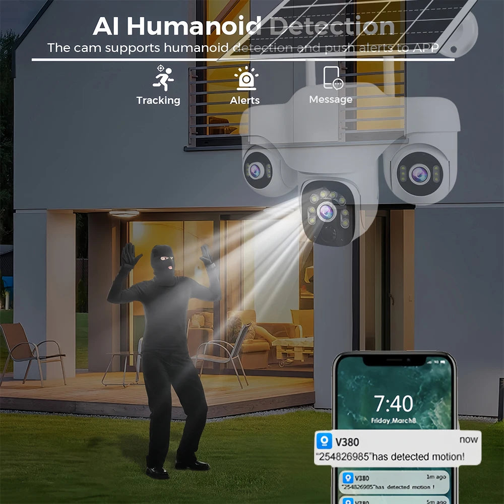 Home Security 4G IP Solar Camera Triple Screen 360°PTZ 10x Zoom CCTV 15MP Wireless Surveillance Security Protection IP Camera