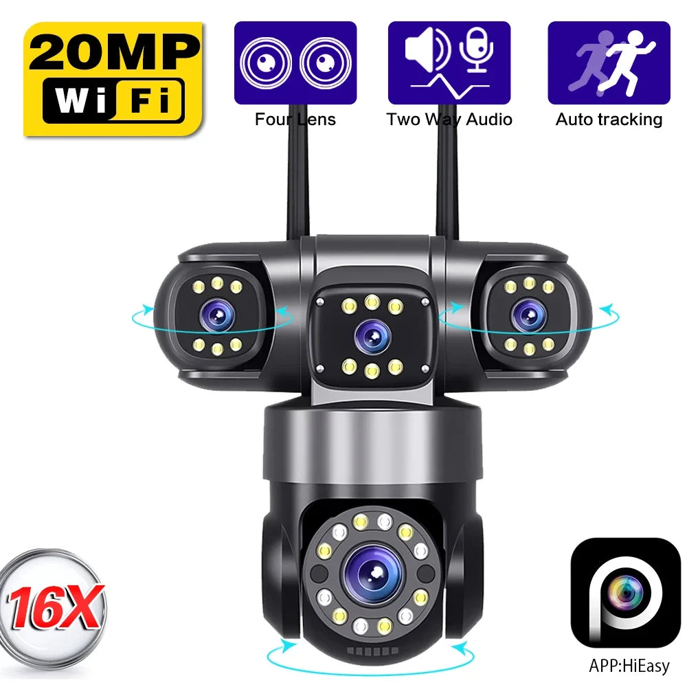 4K WiFi Security Cameras Four Len Three Screens 16X Zoom PTZ Auto Tracking 6K Waterproof Outdoor CCTV Video Surveillance Camera