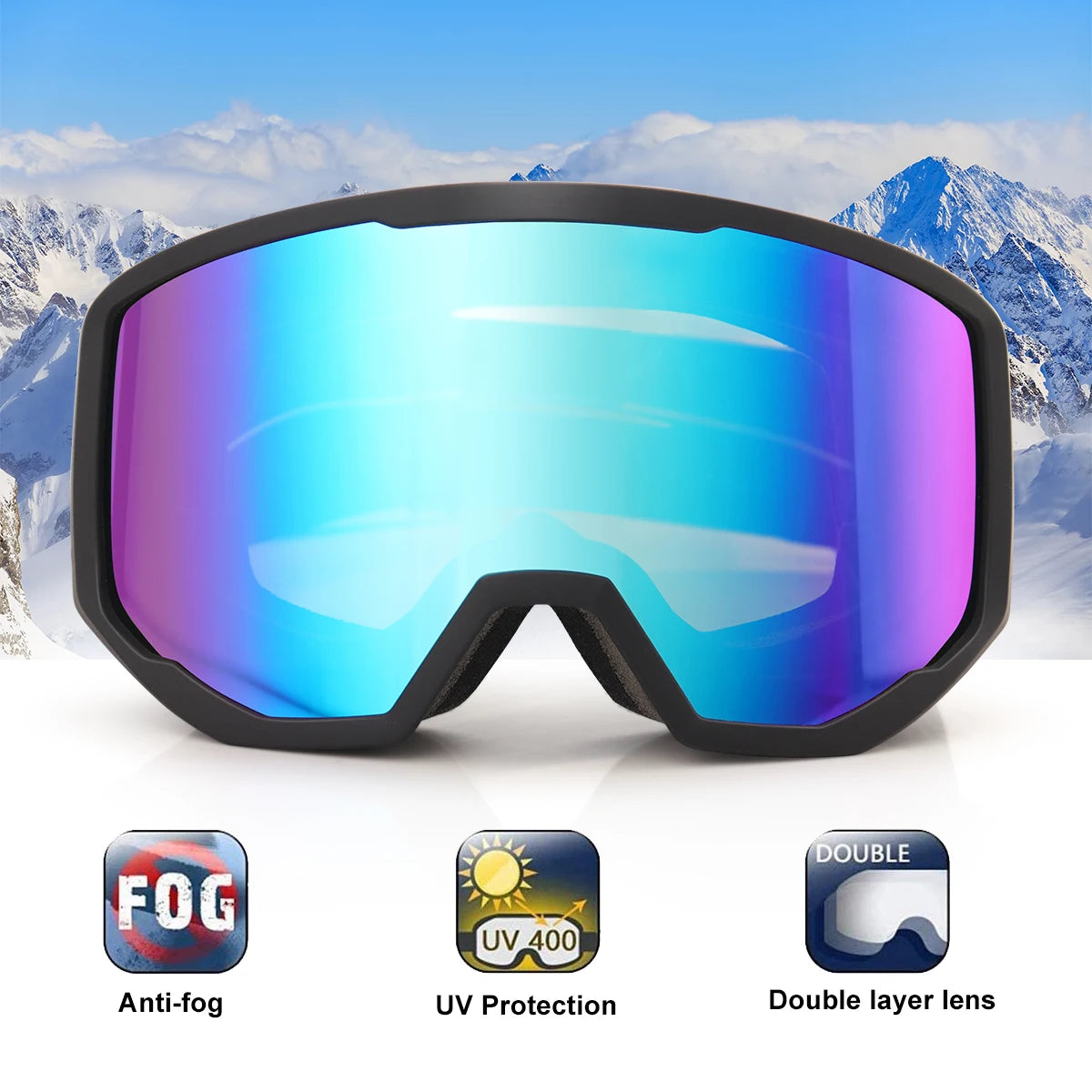 EXP VISION-Ski Goggles for Men and Women, OTG Anti Fog, UV Protection, Snowboard Glasses, Winter Eye Wear