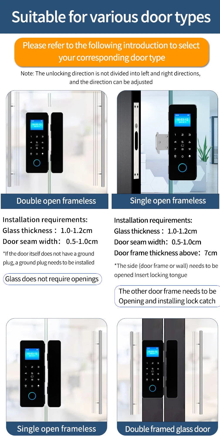IP65 Bluetooth Smart Glass Door Lock with HAHALock App - Fingerprint/RFID/IC Card Access, Dual Hook Lock & Attendance Tracking
