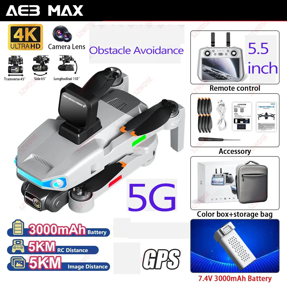 Drone professionnel AE3 Pro Max avec écran 360 ° Évitement d'obstacles sans brosse 8K double caméra 3 axes cardan quadrirotor FP