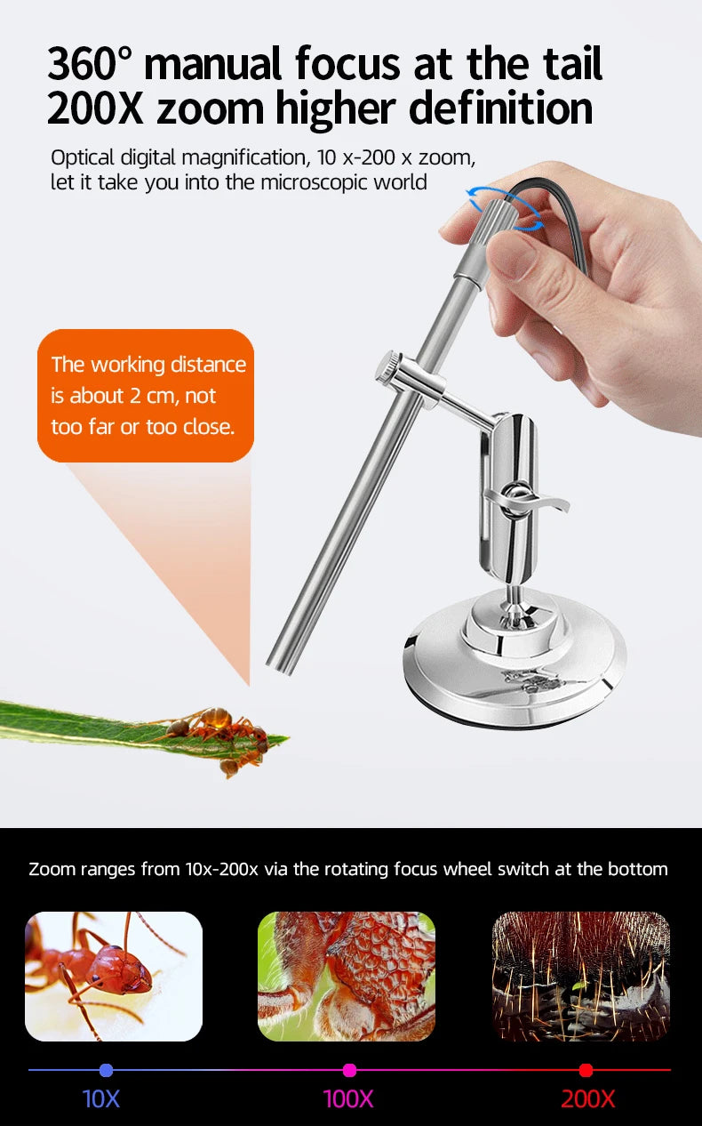 Handheld Digital Microscope Camera 1080P HD USB 8.5mm Inspection Camera 10x-200x Magnification Microscopes With 8 LED For USB C