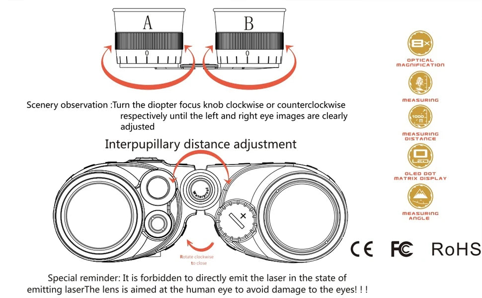 1500m Marine Binoculars for Adults 8x40 with Rangefinder and Compass IP65 Waterproof Marine UHD Binoculars Field of View 8°,