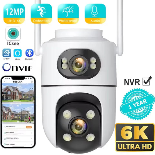 Outdoor Wireless Security IP Camera 6K 12MP HD Dual Lens External Wifi PTZ Camera Auto Tracking Street Surveillance Camera iCsee