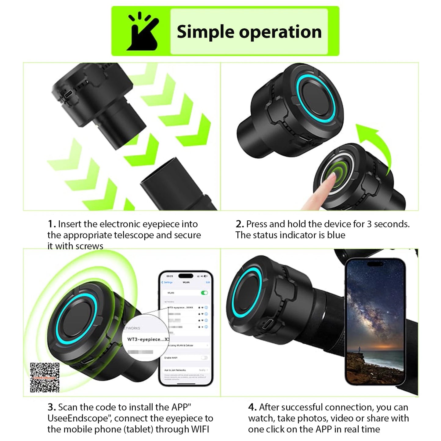 Wireless WiFi Digital Eyepiece for Telescope Camera 4K Video Recording Photo Taking Electronic Eyepiece for 1.25 in Telescope
