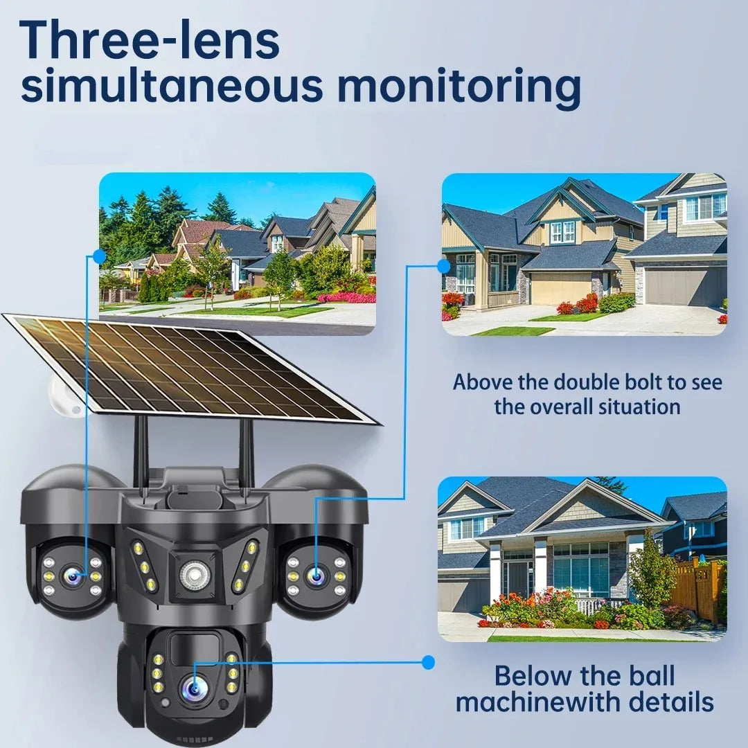 Outdoor Solar Security Camera 4G IP Camera Home Security 15MP Triple Lens 360° PTZ Surveillance Color Night Vision CCTV Camera