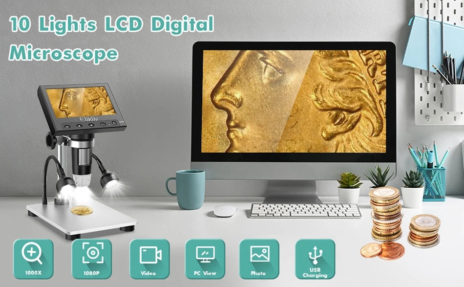 Elikliv EDM9 7 Inch 1080P LCD Digital Microscope 50X-1200X Soldering Electronics Microscopes With LED Lights Support PC Computer