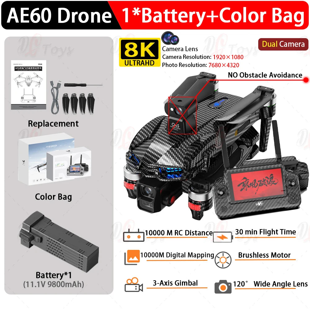 AE60 professional dron 7.2-inch touch screen RC 12KM drone with 8K dual cameras three-axis gimbal 5G GPS avoiding Quadcopter