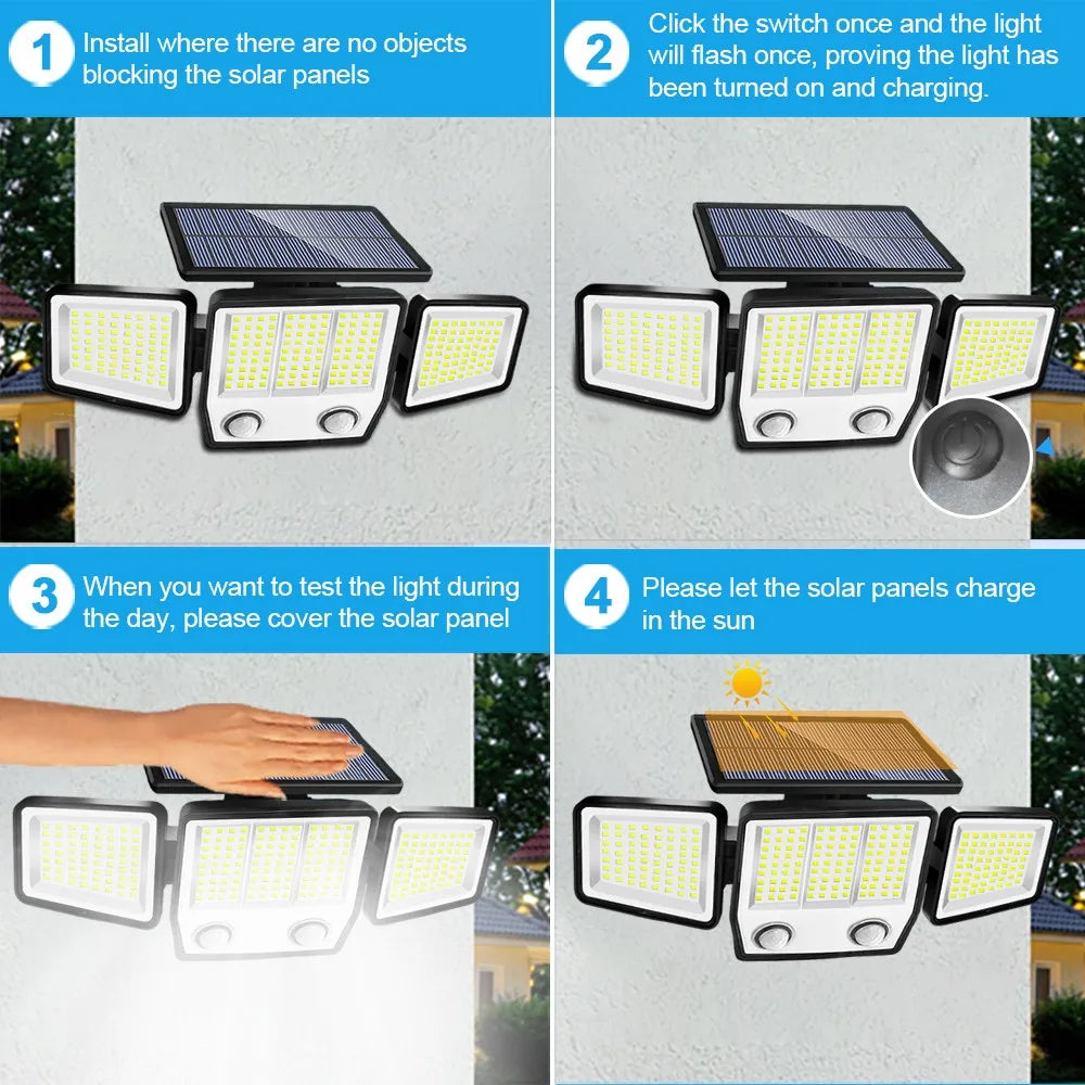 Solar Security Lights Outdoor 236LED Solar Motion Outdoor Lighting 3 Head Wall Lamp Solar Flood Lights Waterproof Garden Door
