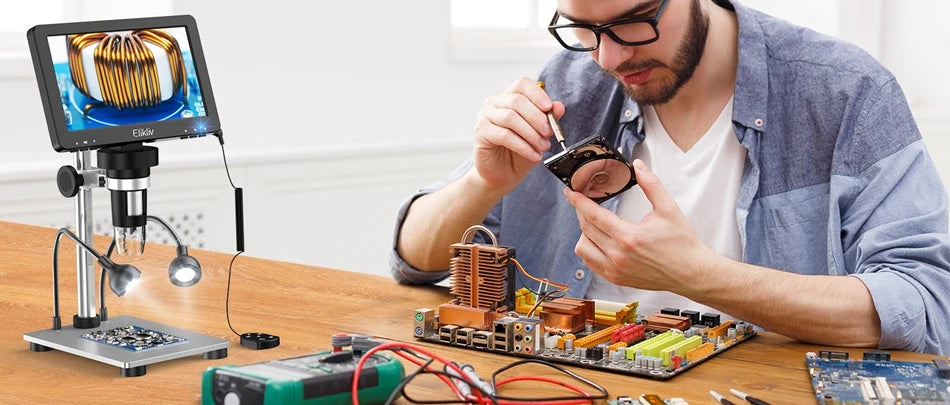 Elikliv EDM9 7 Inch 1080P LCD Digital Microscope 50X-1200X Soldering Electronics Microscopes With LED Lights Support PC Computer