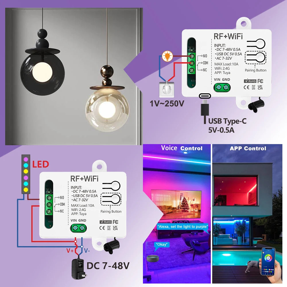 Smart home WiFi RF Wireless Remote Control light Switch Dry Contact Relay DC 12V 24V for universal garage door Electronic lock