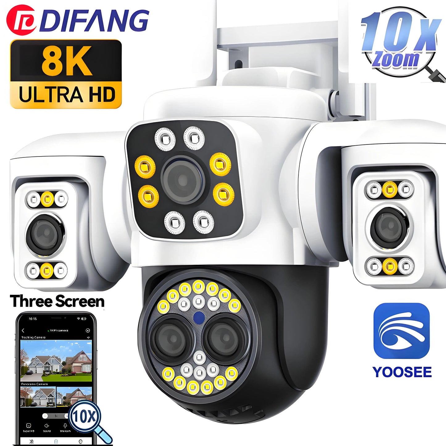 Security Protection 8K WiFi Camera Outdoor Four Lens Triple Screen 10X Zoom 360° CCTV Surveillance Ai Yoosee 16MP Security Cam