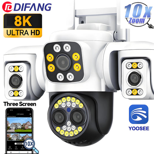 Security Protection 8K WiFi Camera Outdoor Four Lens Triple Screen 10X Zoom 360° CCTV Surveillance Ai Yoosee 16MP Security Cam