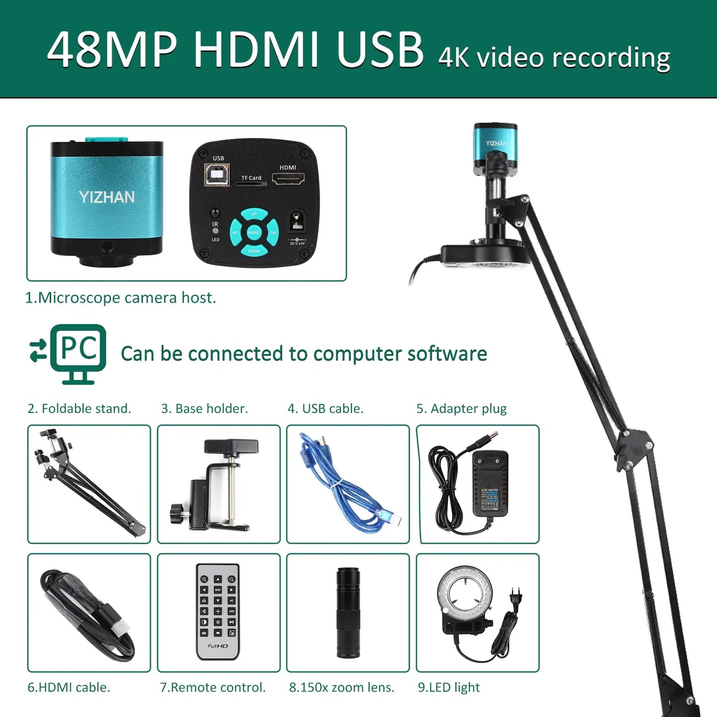 4K Microscope 48MP Digital Microscope For Electronics USB Industrial Cameras HDMI 1-150X Zoom C-Mount Lens Phone Pcb Soldering