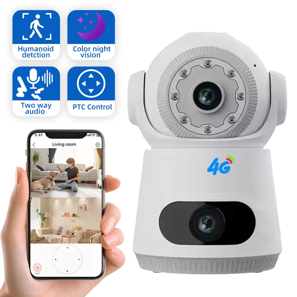 4G Security Camera with SIM Card 8MP 4K Dual Lens Two-Way Audio Indoor Baby Monitor Home CCTV Surveillance Night Vision