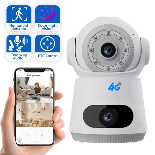 4G Security Camera with SIM Card 8MP 4K Dual Lens Two-Way Audio Indoor Baby Monitor Home CCTV Surveillance Night Vision