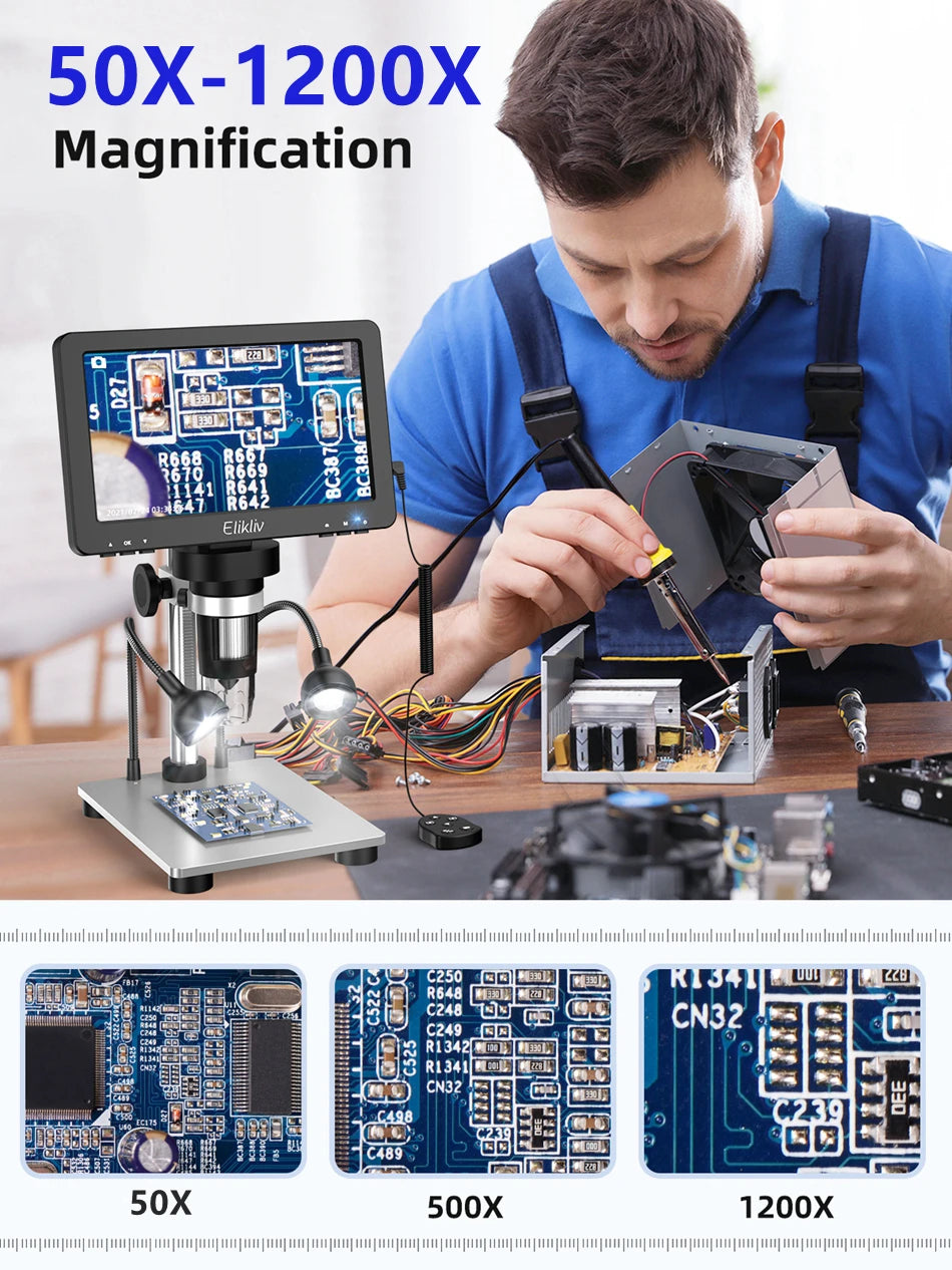 Elikliv EDM9 7 Inch 1080P LCD Digital Microscope 50X-1200X Soldering Electronics Microscopes With LED Lights Support PC Computer