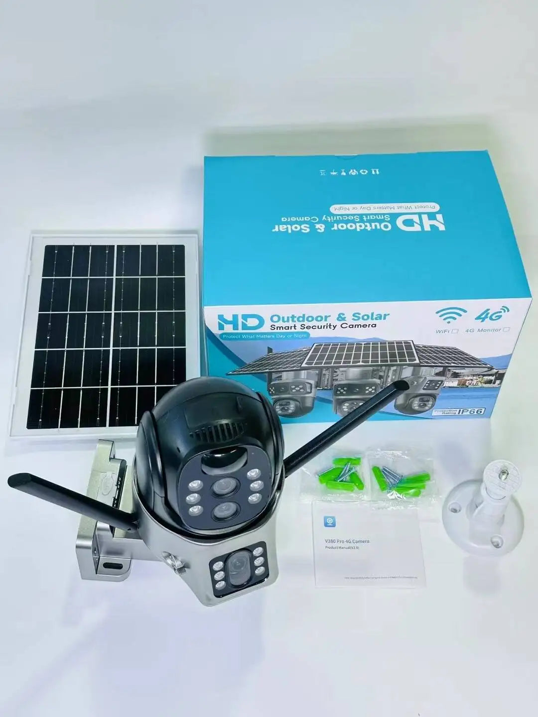 Wireless outdoor solar security camera, 1080P HD night vision 3 lens dual picture, IP65 waterproof, wireless monitor