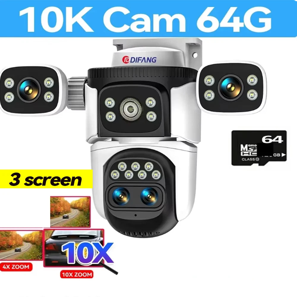 10K 20MP Three Screen Home Security WiFi Cam 360° PTZ 10X Zoom CCTV Wireless Surveillance IP Cam Security Protection Video Cam