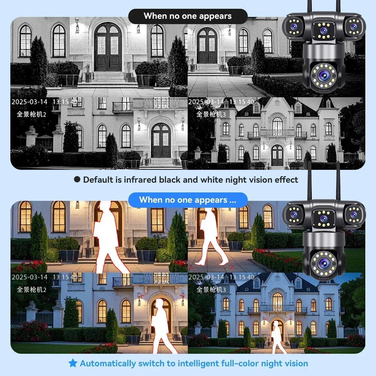 4K WiFi Security Cameras Four Len Three Screens 16X Zoom PTZ Auto Tracking 6K Waterproof Outdoor CCTV Video Surveillance Camera