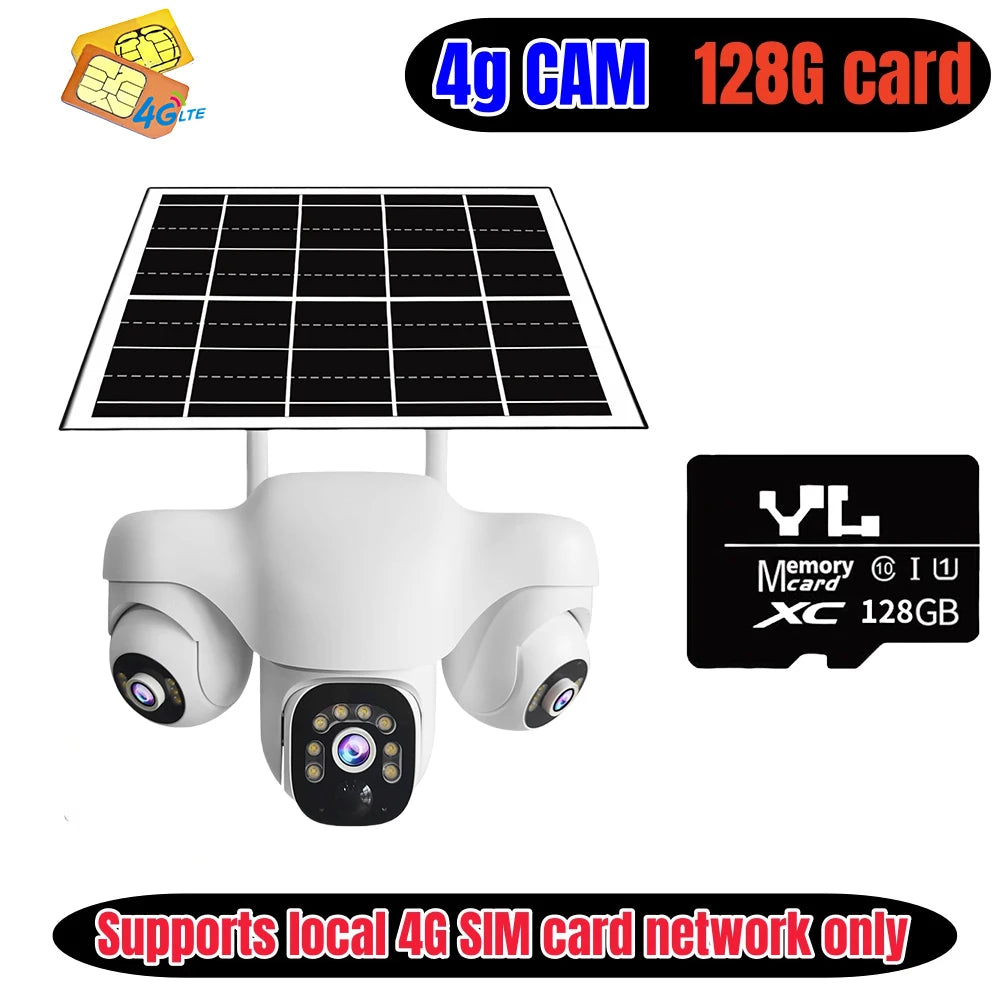 Home Security 4G IP Solar Camera Triple Screen 360°PTZ 10x Zoom CCTV 15MP Wireless Surveillance Security Protection IP Camera
