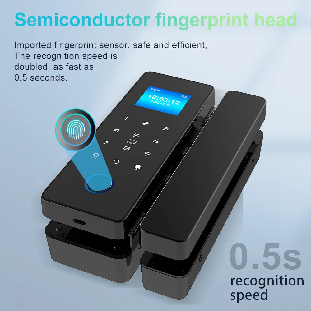 IP65 Bluetooth Smart Glass Door Lock with HAHALock App - Fingerprint/RFID/IC Card Access, Dual Hook Lock & Attendance Tracking