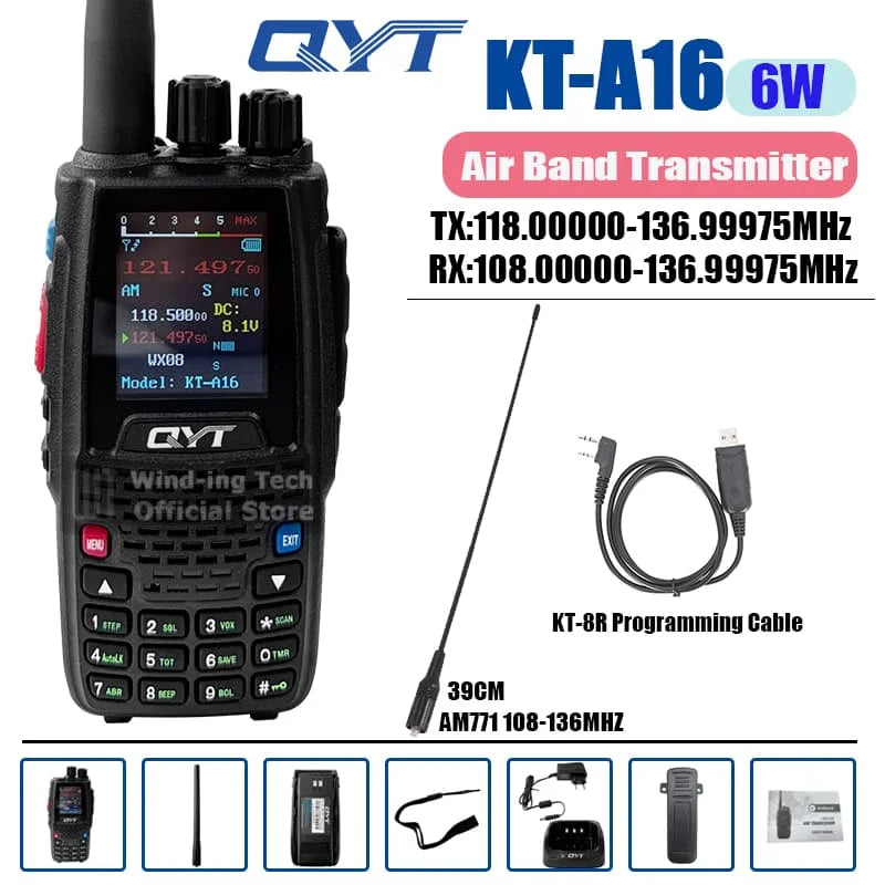 QYT KT-A16 Walkie Talkie 6W Air Band Transmitter VHF Transceiver 2000mAh NOAA Superheterodyne Circuit Aviation Portable Radios