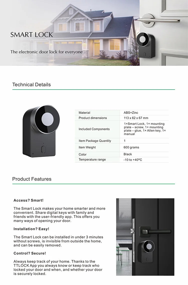 Smart Door Lock with Tuya App Aluminum Bluetooth Smartlock for Glass Aluminum and Wood Door Smartphone Compatible
