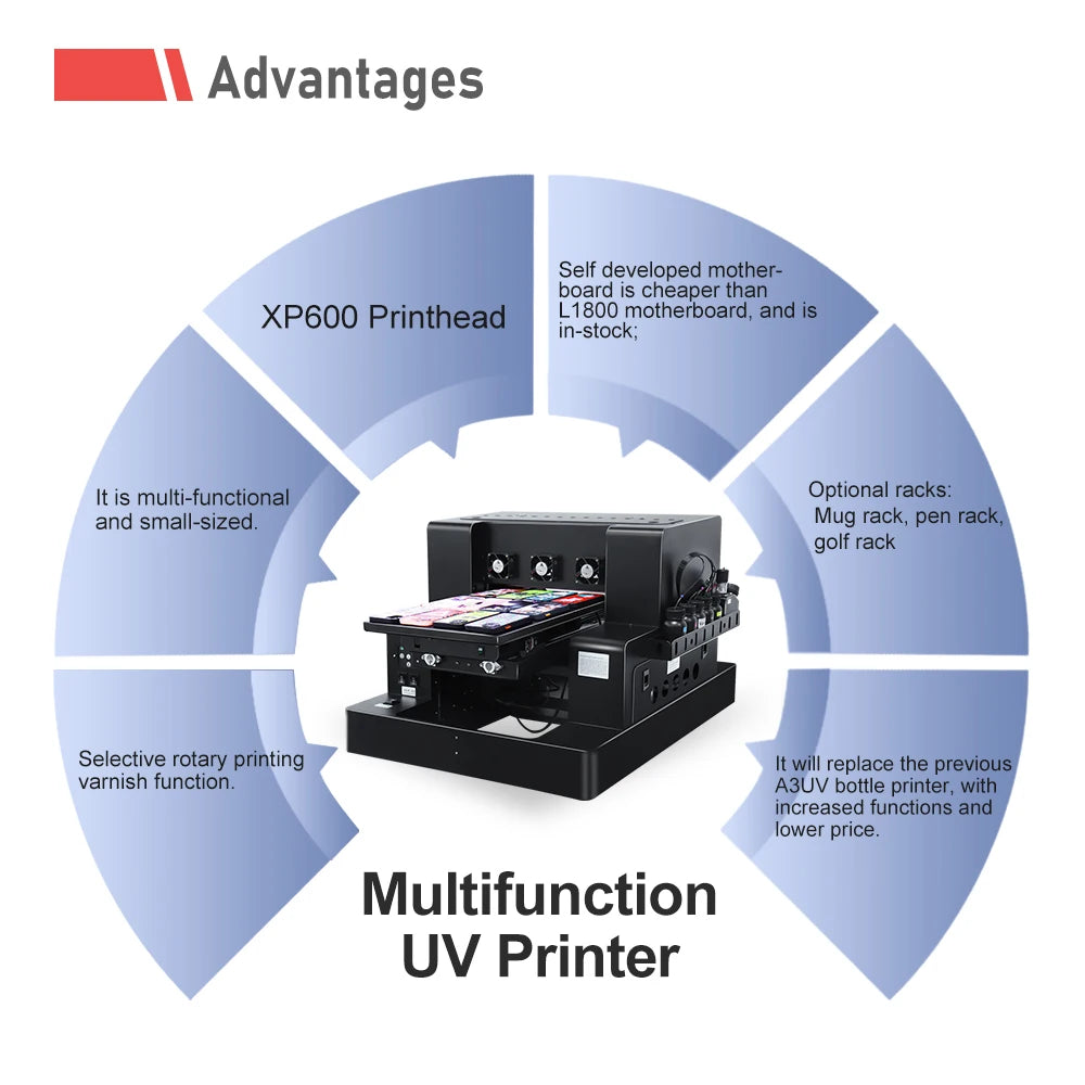 A3 UV Printer with XP600 Printhead UV Flatbed Printer For Bottle Case Acrylic Glass UV DTF AB Film Transfer Sticker UV Printer