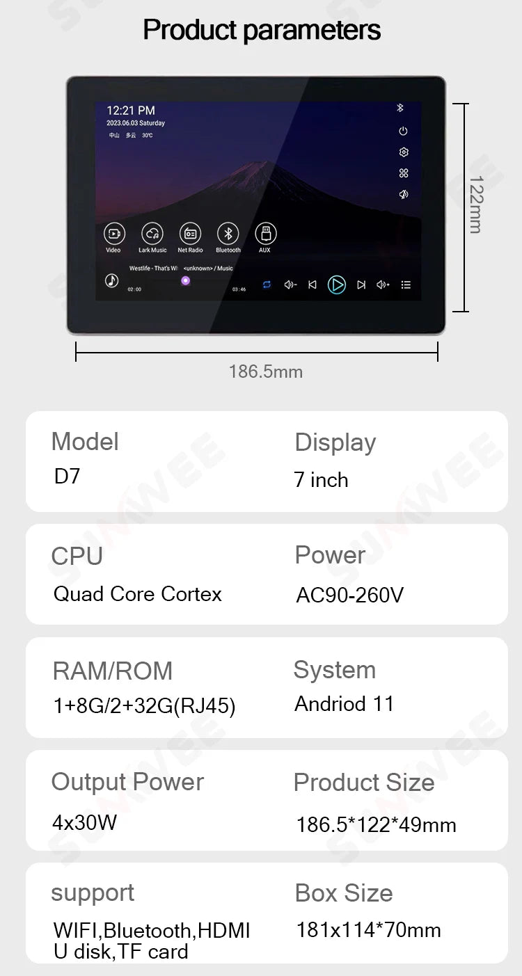 Smart home audio system 7 inch touch screen in wall amplifier WIFI Bluetooths sound music player ALEXA control panel Stereo Amp