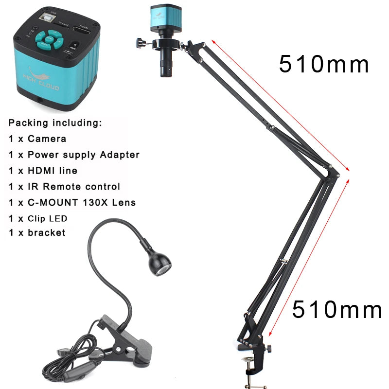 48MP 4K 1080P HDMI USB Industrial Video Digital Microscope Camera 130X Zoom C Mount Lens Cantilever stand For Repair Soldering