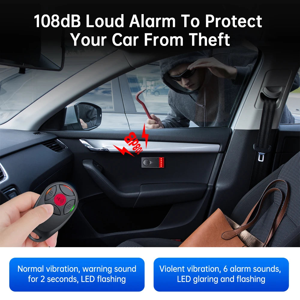 Wireless Car Vibration Alarm With Light 108dB Loud Car Door And Window Anti Theft Alarm Bike Motorcycle Security Alarm