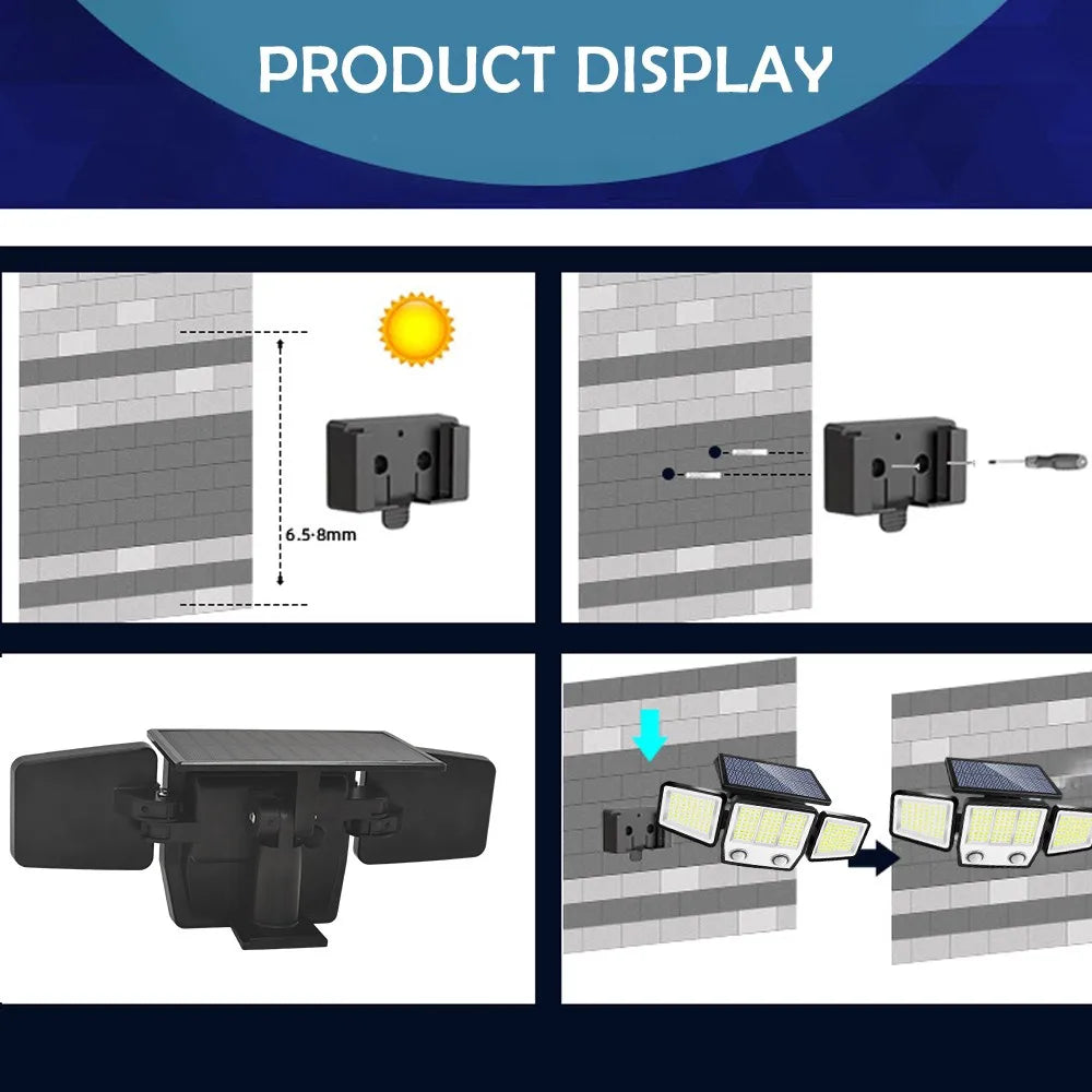 Solar Security Lights Outdoor 236LED Solar Motion Outdoor Lighting 3 Head Wall Lamp Solar Flood Lights Waterproof Garden Door