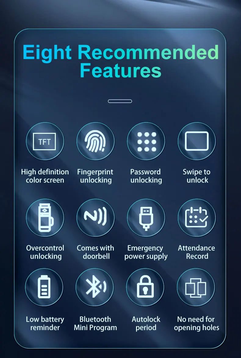 IP65 Bluetooth Smart Glass Door Lock with HAHALock App - Fingerprint/RFID/IC Card Access, Dual Hook Lock & Attendance Tracking