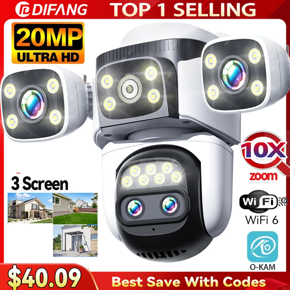 10K 20MP Three Screen Home Security WiFi Cam 360° PTZ 10X Zoom CCTV Wireless Surveillance IP Cam Security Protection Video Cam