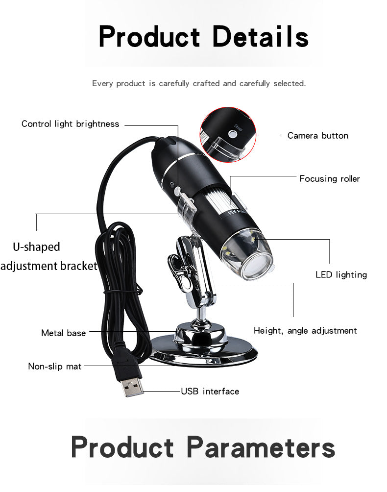 1600X 1000X USB Microscope Handheld Portable Digital Microscope USB Interface Electron Microscopes with 8 LEDs with Bracket