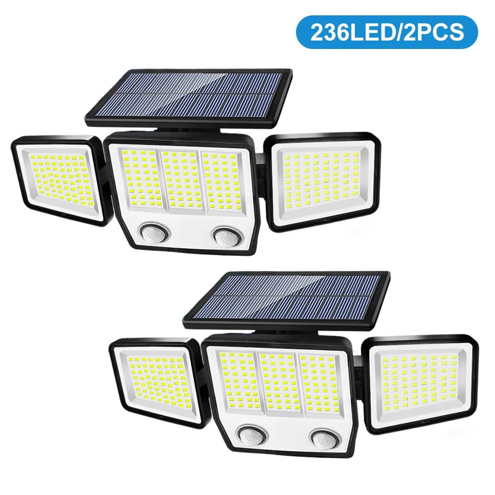 Solar Security Lights Outdoor 236LED Solar Motion Outdoor Lighting 3 Head Wall Lamp Solar Flood Lights Waterproof Garden Door