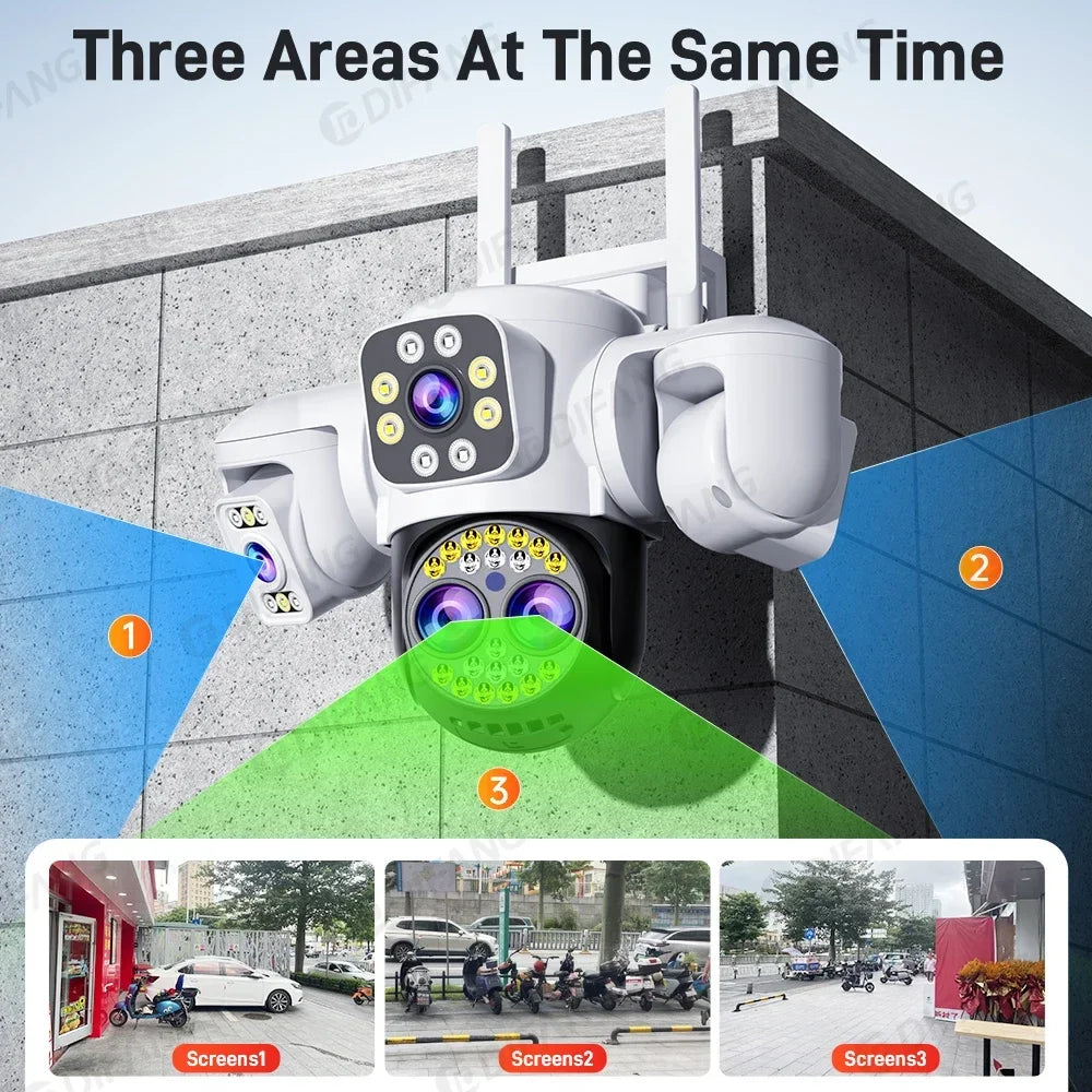 Security Protection 8K WiFi Camera Outdoor Four Lens Triple Screen 10X Zoom 360° CCTV Surveillance Ai Yoosee 16MP Security Cam